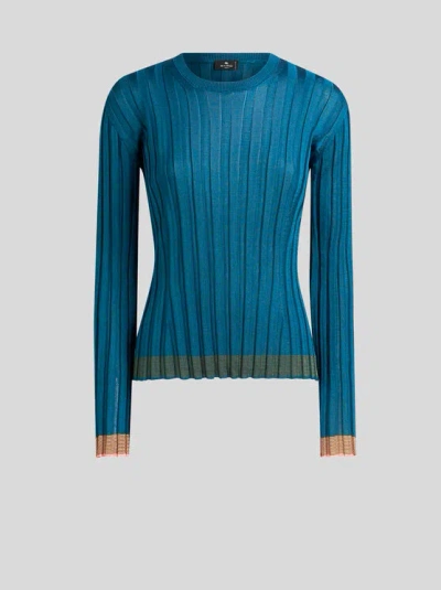 Etro , Ribbed Sweater, Woman, Blue, Size 50