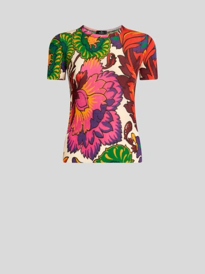 Etro Ribbed T-shirt With Multicoloured Floral Print