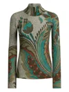 Etro Ribbed Turtleneck Sweater With Paisley Print In Green