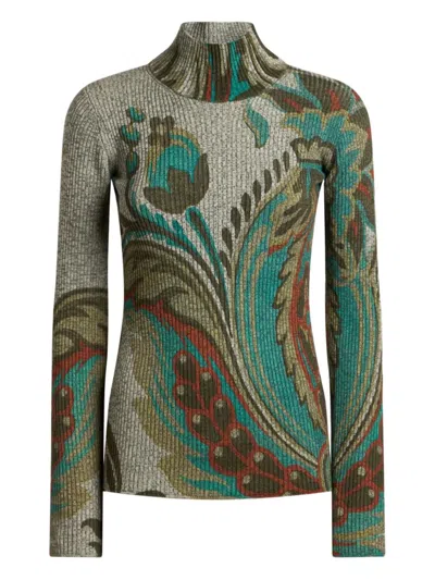 Etro Ribbed Turtleneck Sweater With Paisley Print In Green