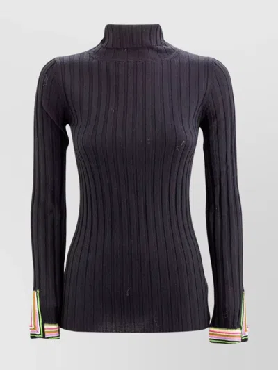 Etro Ribbed Turtleneck Sweater With Striped Cuff Detailing In Blue