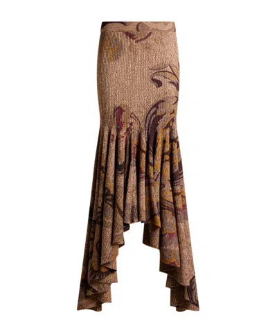 Etro Ribbed Wool Maxi Skirt With Floral Motif In Brown
