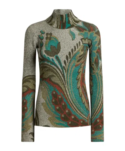 Etro Ribbed Wool Turtleneck Sweater With Daffodil Print In Multi