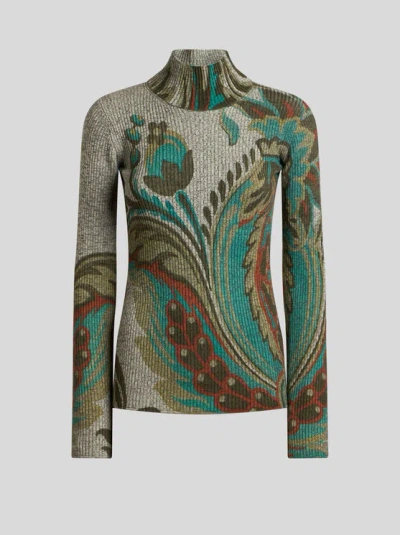 ETRO , RIBBED WOOL TURTLENECK SWEATER WITH DAFFODIL PRINT, WOMAN, GREY, SIZE 44