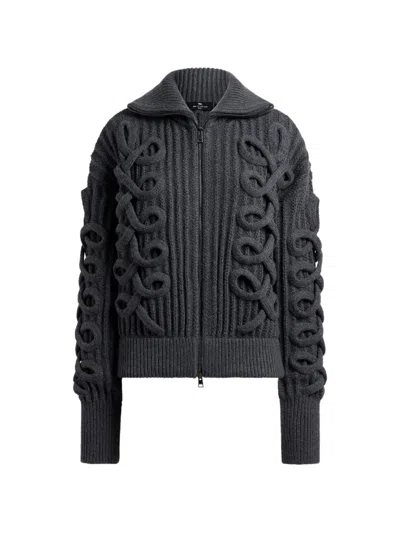 Etro Ribbed Wool-blend Cardigan With Zip And Woven Detailing In 그레이