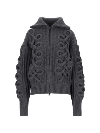 Etro Ribbed Wool-blend Cardigan With Zip And Woven Detailing In Grey