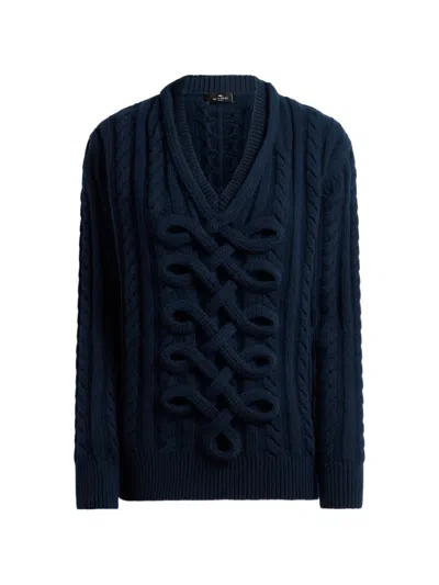Etro Ribbed Wool-blend Sweater With Woven Detailing In Blue