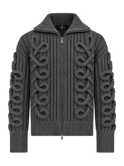 Etro Ribbed Wool-blend Zip-up Cardigan With Cable-knit Details In Animal Print