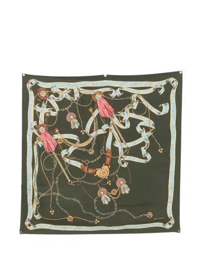 Etro Ribbon-print Silk Scarf In Green