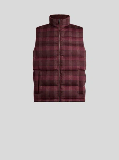 ETRO , WOOL AND CASHMERE DOWN GILET WITH CHECK MOTIF, MAN, BURGUNDY, SIZE XL