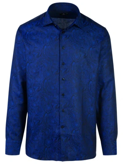 Etro 'roma' Brocade Pattern Cotton Shirt With Cuff Buttons In Blue