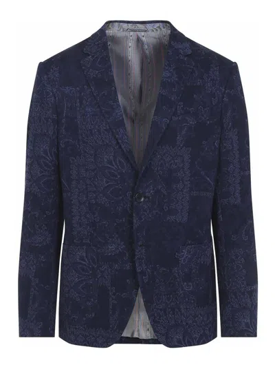 Etro Men Single-breasted Jacquard Cotton Jacket With Floral Pattern In Blue