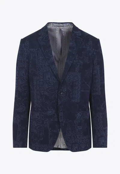 Etro Men Single-breasted Jacquard Cotton Jacket With Floral Pattern In Blue