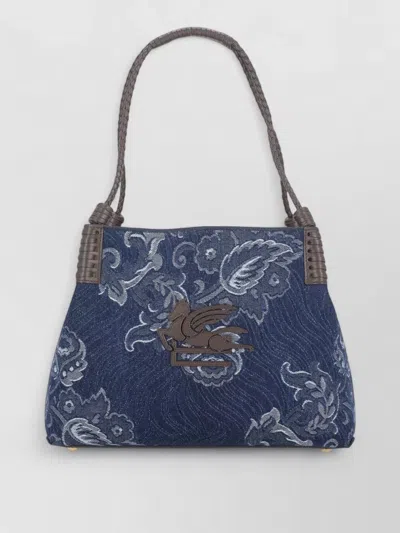 Etro Rose Pattern Cotton Leather Shoulder Bag In Blue