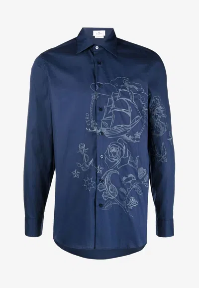 Etro Rose Print Button-up Shirt In Navy