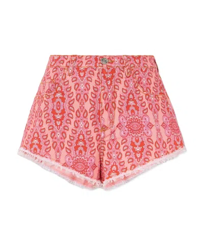 Etro Frayed Paisley-print Denim Shorts In Pink