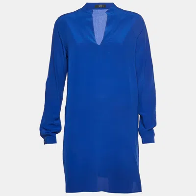 Pre-owned Etro Royal Blue Crepe Silk V-neck Long Sleeve Tunic L