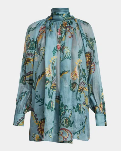 Etro Ruched Floral Silk Tie-neck Blouse In Multi