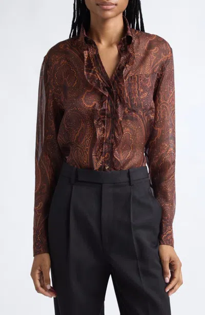 Etro Ruffle Placket Paisley Silk Shirt In Brown