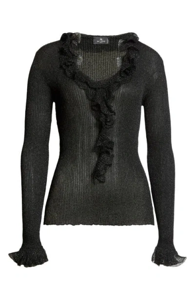 Etro Ruffle Trim Glitter Rib Top In Black