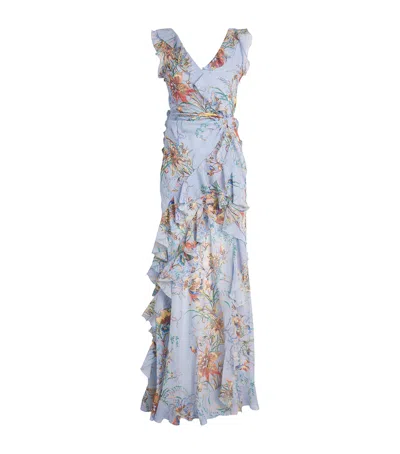 Etro Ruffled Tiered Paisley And Floral-print Satin Maxi Dress In Blue