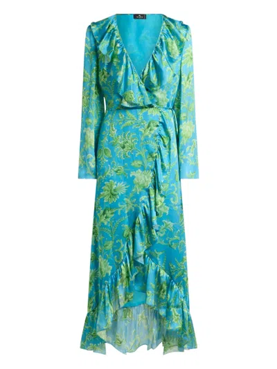 Etro Ruffled Floral-print Wrap Dress In Blue