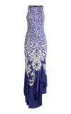 Etro Medallion Paisley Jersey Asymmetric Backless Dress In Blue