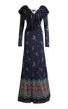 Etro Ruffled Lace-up Crepe Maxi Dress In Multi