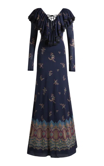 Etro Ruffled Lace-up Crepe Maxi Dress In Multi