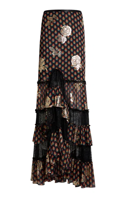Etro Ruffled Metallic Silk Maxi Skirt In Black