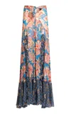 Etro Ruffled Metallic Silk Maxi Skirt In Blue