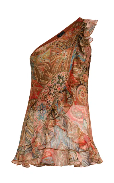 Etro Ruffled One-shoulder Silk Top In Multi