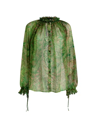 Etro Ruffled Paisley-pattern Shirt In Green