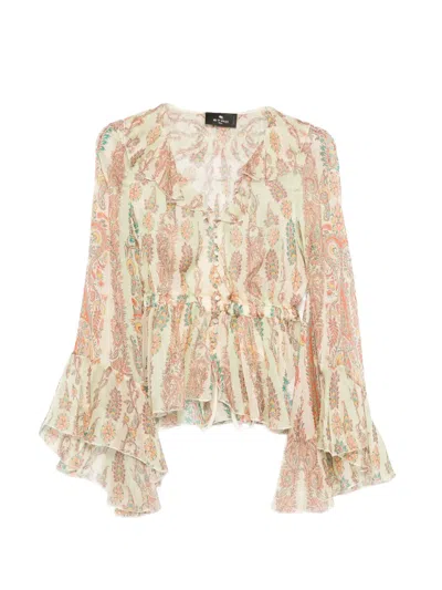 Etro Ruffled Paisly-print Blouse In Green