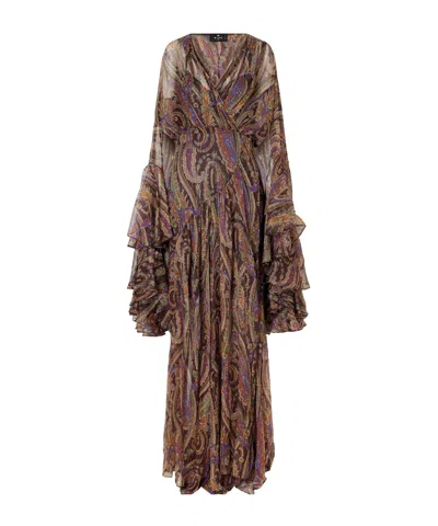 Etro Draped Ruffled Printed Metallic Silk-blend Crepon Maxi Dress In Brown