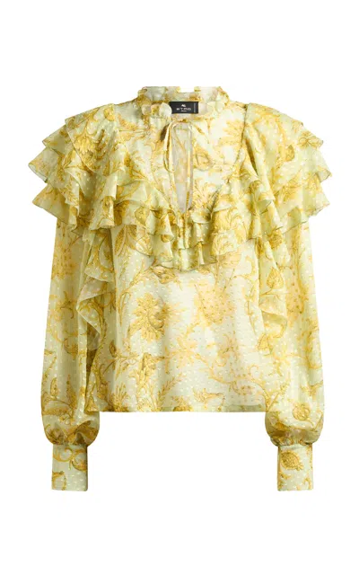 Etro Ruffled Silk-blend Top In Animal Print