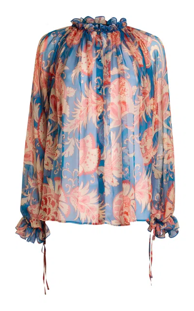 Etro Ruffled Silk Top In Blue