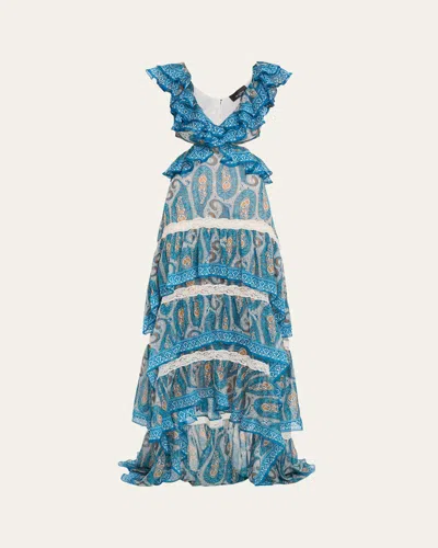 Etro Ruffled Tiered Paisley-print High-low Maxi Dress In Blue