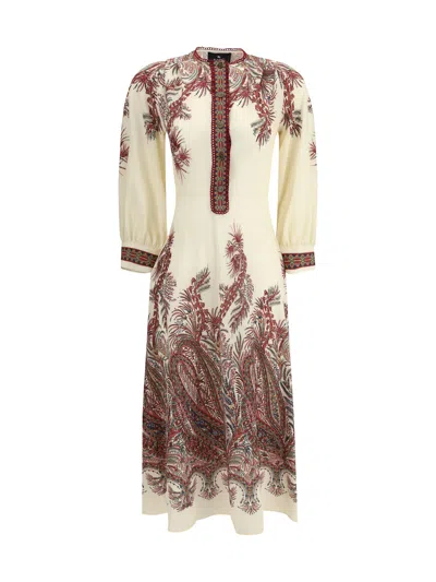 Etro Sable Midi Dress With Floral Paisley Print In Nude