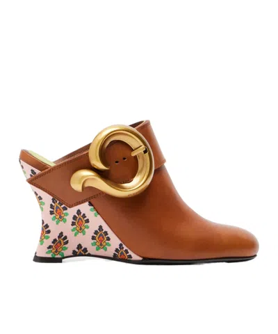 Etro Sabot Leather Wedge Mules In Brown