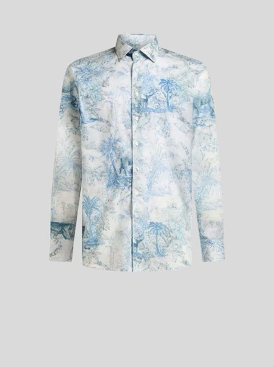 Etro Safari-print Cotton Shirt In Light Blue