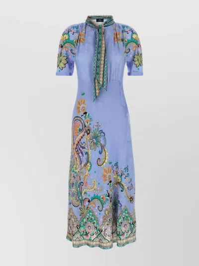Etro Satin Dress With Embroidered Floral Print In Blue