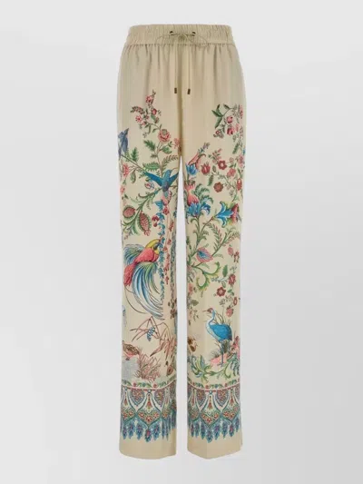 Etro Satin Trousers Floral Print Wide Leg In Brown