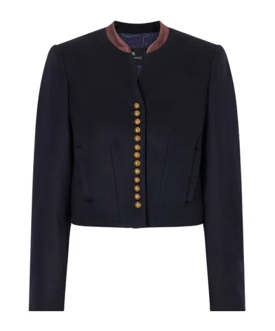 Etro Satin-trimmed Wool-blend Jacket In Blue