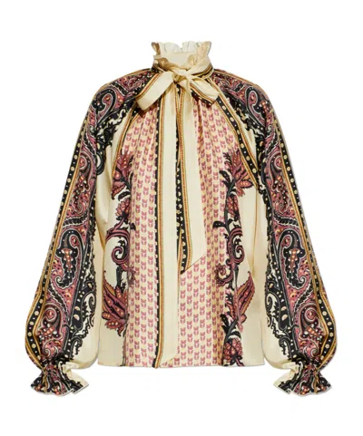 Etro Pussy-bow Ruffled Printed Silk-twill Blouse In Neutral
