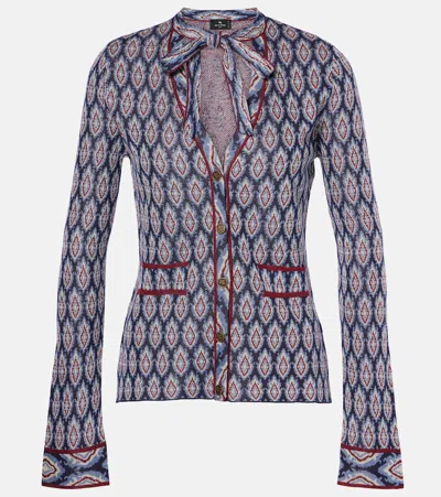 Etro Bow-detail Jacquard Cardigan In Navy Blue