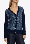 Etro , Cardigan With Silk Scarf Motif, Woman, Navy Blue, Size 48 In Blue