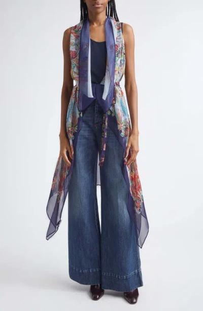 Etro Scarf Print Long Silk Vest In Blue