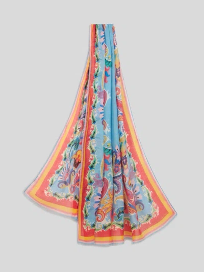 Etro Scarf With Multicoloured Floral Print In Light Blue