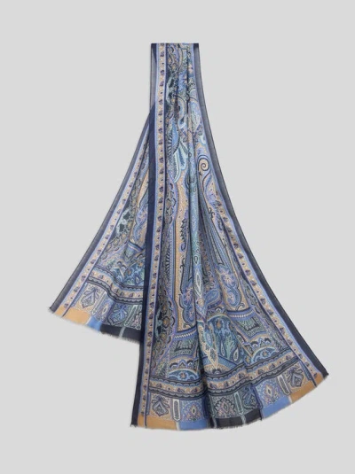 ETRO , PATTERNED CASHMERE-BLEND SCARF, MAN, BLUE